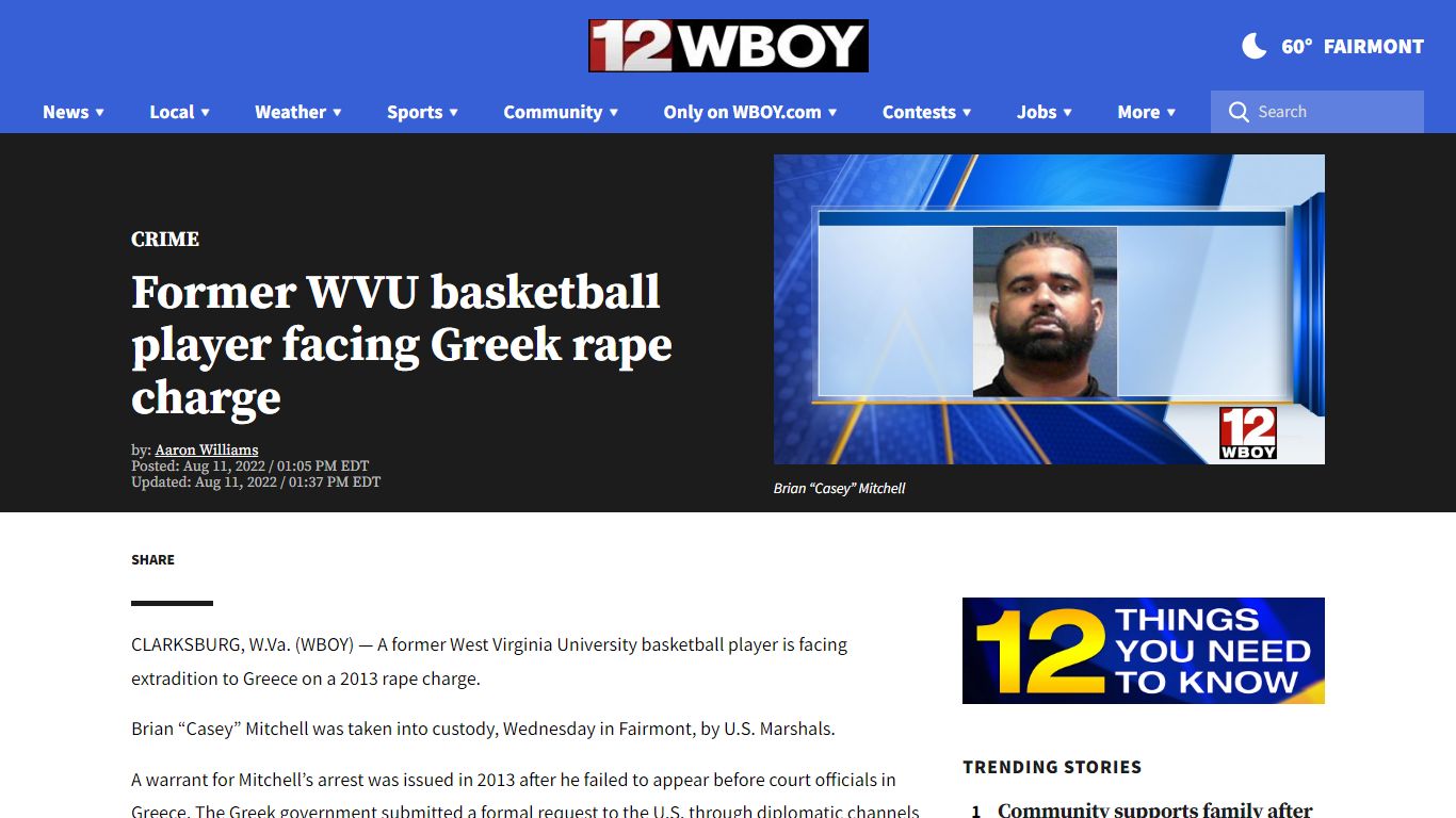 Former WVU basketball player facing Greek rape charge